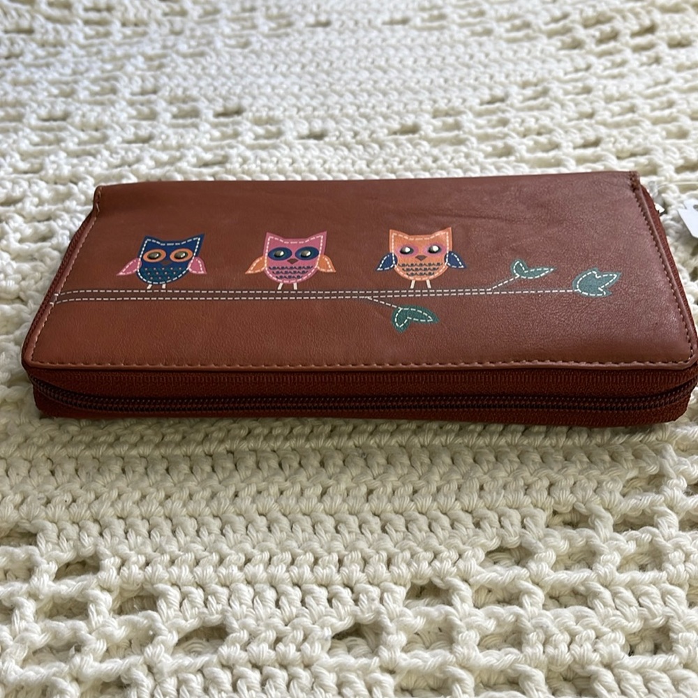 Ladies RFID BROWN LEATHER WALLET WITH OWL DESIGN